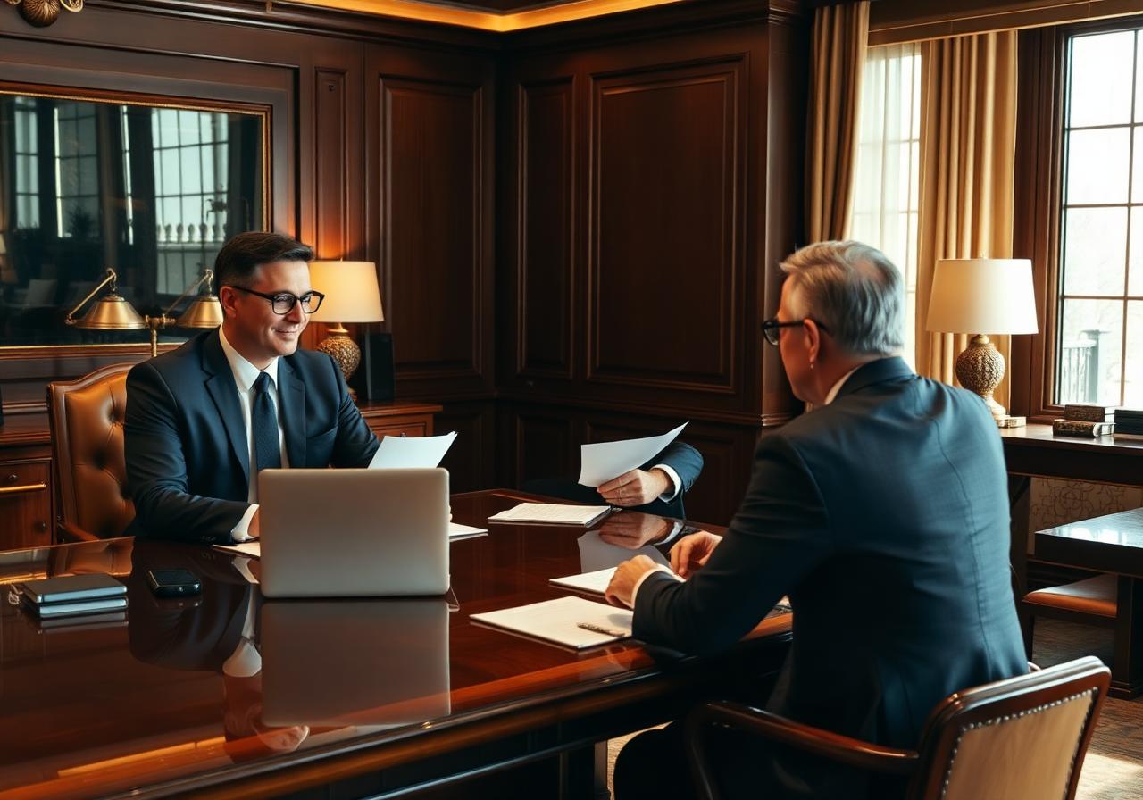 Abogado asesorando a ejecutivos en oficina premium